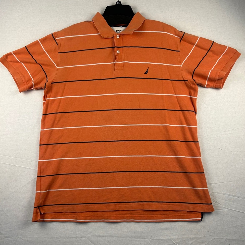 Nautica Mens True Deck Shirt XL Orange Striped Cotton Pique Short Sleeve Polo